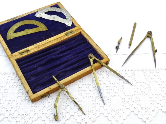 Small Antique French Draftsman Set with Brass Tools Purple Velvet Lined Wooden Box, Retro Drawing Accessory from France, Compass Set