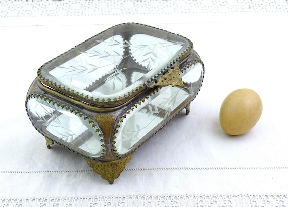 Large Antique Thick Beveled Engraved Glass Trinket Box, Vintage Parisian Boudoir Style Ormolu Casket Jewelry Box France, Chateau Brocante