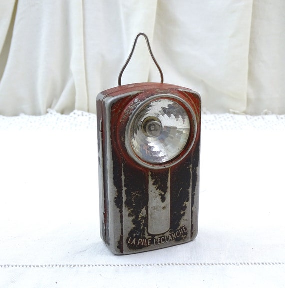 Vintage French Red Metal Hand Held Flashlight with Well Worn Patina, 1960s Retro Camping Torch From France, Upcycled Industrial Lighting