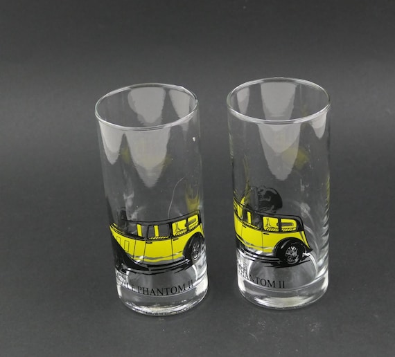 Pair French 1980s Vintage Clear Glass Tumblers with Print Image of Rolls Royce Phantom II, 2 Retro 1970s Drinking Glasses from France