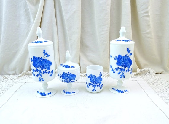 Vintage Italian Mid Century White Opaline 4 Piece Bathroom Set Blue Hand Painted Flower Pattern, Retro Milk Glass Vanity Accessory Italy