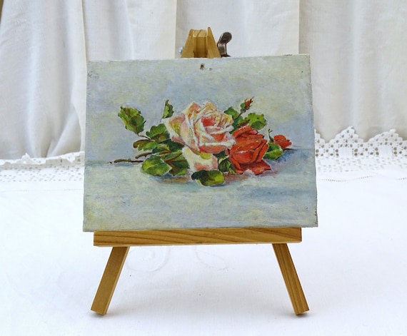 Small Hand Painted Vintage French Still Life of Rose Flower in Pink on Wooden Board, Retro Oil Painting of Floral Composition from France