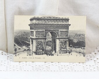 Französische unbenutzte antike schwarz-weiße Postkarte des Arc de Triomphe am Champs Elyssee in Paris, Retro Pariser Monument Urlaub