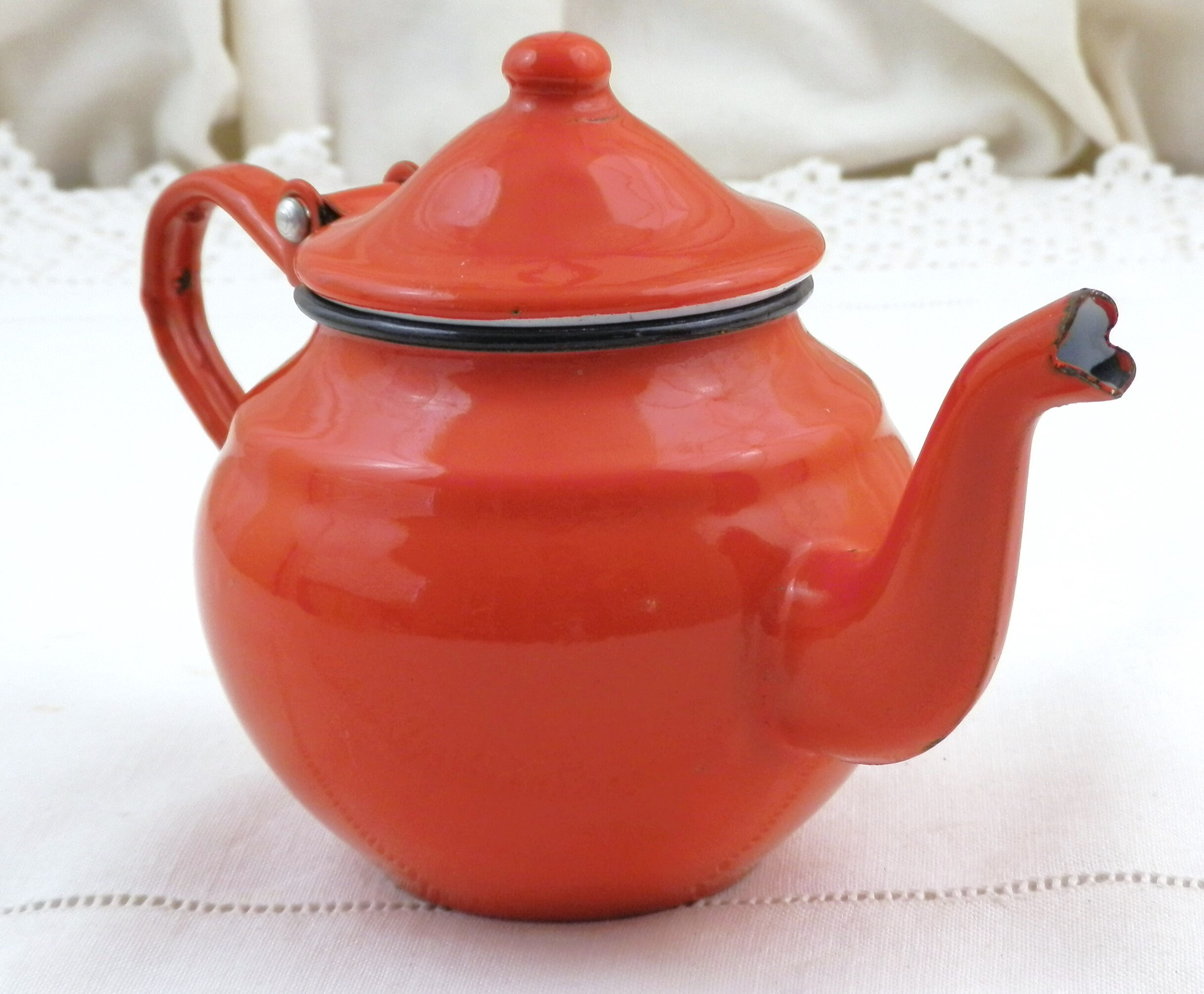 Small Vintage Unused Red Enamel Tea Pot with Goose Neck Spout, French