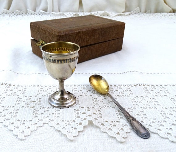 Antique French Boxed Set Gold on Sterling Silver Christening Egg Cup and Spoon, Vintage Vermeil Metal Hallmarked Silverware from France