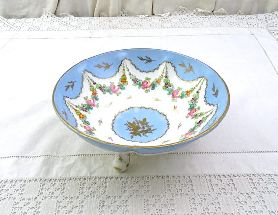 Vintage French Porcelain China Fruit Bowl Stands on 3 Legs with Garland of Rose Flower Pattern with Gold and Pale Blue, Retro Romantic