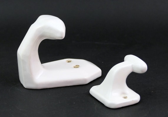 Pair of Vintage White Porcelain Wall Hooks, Ceramic Coat Hooks, Art Deco Bathroom Hooks, Towel Robe Hat Rack Hardware, Salvaged Fixtures