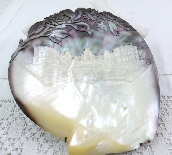 Large Antique Carved Mother of Pearl Shell The Palais Longchamp in Marseille 19th C Souvenir Signed by the Artist, French Decorative Plaque