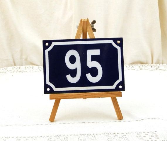 Vintage Traditional French Blue and White Porcelain Enamel Metal Number Plaque 95, Vintage Enameled House Street Address Sign from France