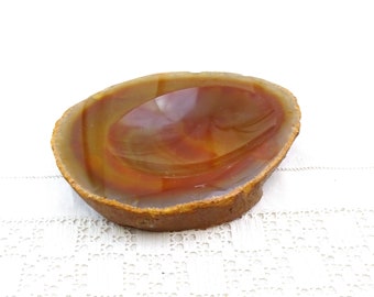 Vintage 1980s Sliced Polisher Veined Burnt Orange Agate Nodule Ashtray, Retro Stone Geode Ash Tray, Round Mineral Ring Dish from France