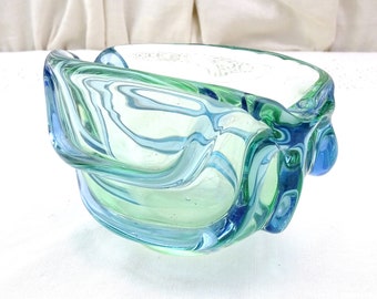 Vintage Mid Century Modern Large Chunky Art Glass Ribbed Pale Green and Blue Cigar Ashtray, Retro 1950s 1960s MCM Czech Glassware Dish