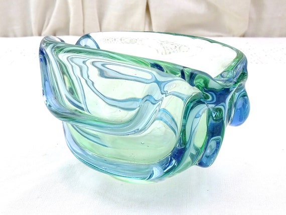 Vintage Mid Century Modern Large Chunky Art Glass Ribbed Pale Green and Blue Cigar Ashtray, Retro 1950s 1960s MCM Czech Glassware Dish