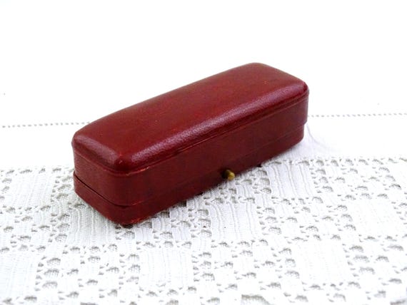 Small Antique French Rectangular Shaped Red Leather Bound Jewelry Box Satin Interior, Retro Brooch Pin Container from France