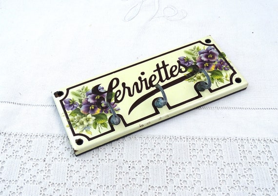 Rectangular Vintage French Enamel Towel Rack with 3 Hooks and Violet Flower Pattern, Retro Tea Towel Kitchenware from France, Kitchendecor