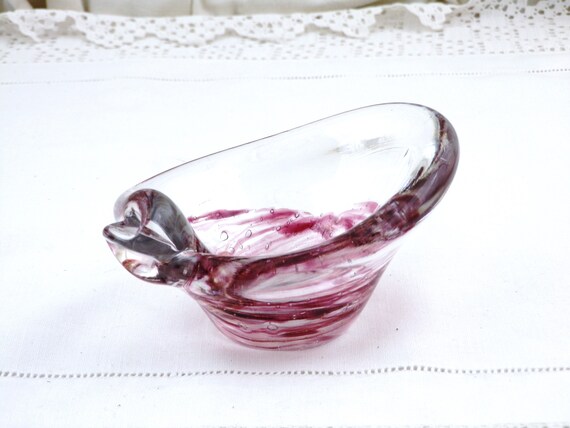 Vintage Ornamental Art Glass Bowl, Hand Blown Clear Glass with Purple and Metallic Veins, Murano Style Thick Crystal Glass Trinket Dish