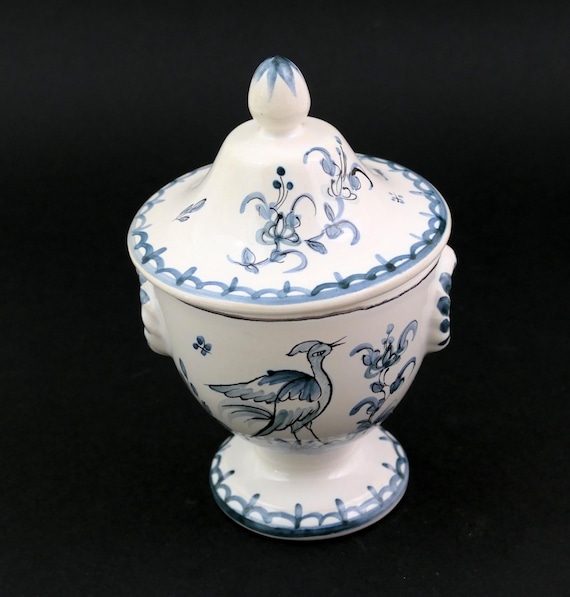 Vintage French Handpainted Faience de Moustiers Pottery Pot with White Blue Pattern, Retro Traditional Apothecary Style Bathroom Lidded Jar