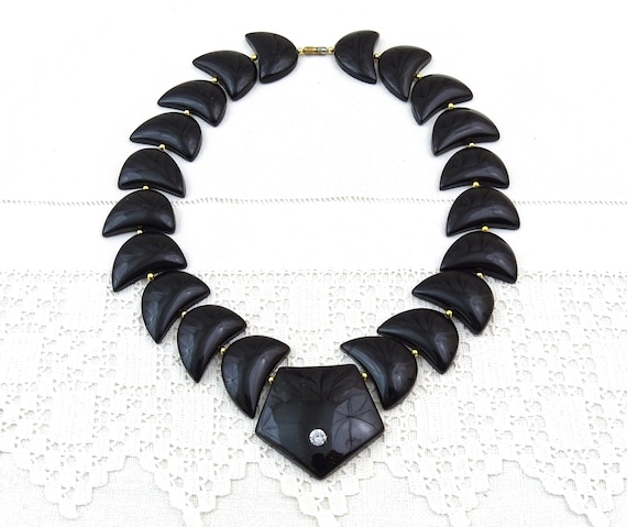 Vintage French 1980s Post Modern Black Lucite Geometric Statement Necklace with Inlaid Glass Crystal, Memphis Groupe Style Costume Jewelry