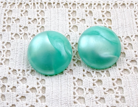 Large Vintage 1960s Pearlite Turquoise Green Domed Clip On Earrings, Retro Mid Century Ear Fashion Jewelry France, Plastic Hollywood Regency