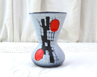 Vintage French Mid Century Modern Vallauris Studio Pottery Vase Francois Caleca Red and Black Pattern Gray White, Retro 50s Minimalist Decor