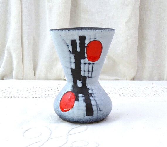 Vintage French Mid Century Modern Vallauris Studio Pottery Vase Francois Caleca Red and Black Pattern Gray White, Retro 50s Minimalist Decor