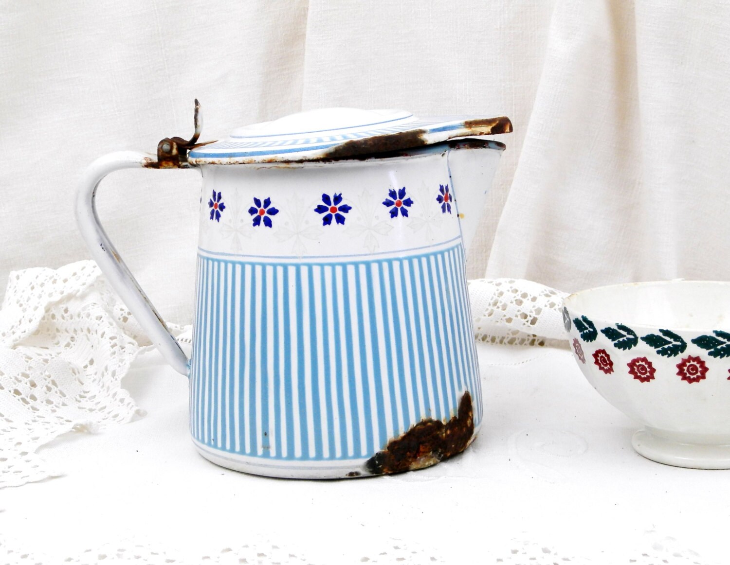 Antique French Blue Chippy Patterned Enamelware Pitcher, Country ...