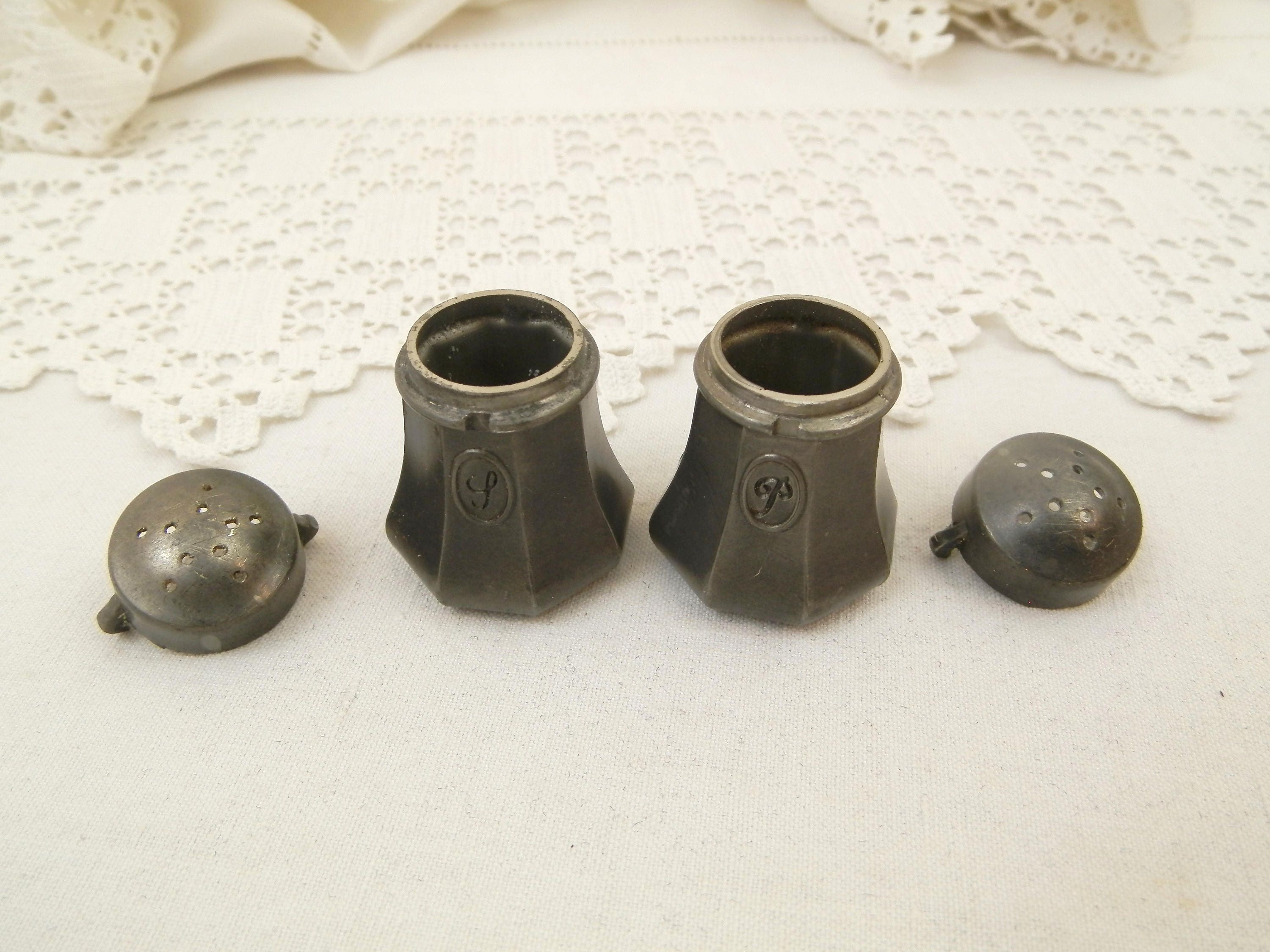 Vintage Pewter Salt and Pepper Shakers with Monogram S and P Made by