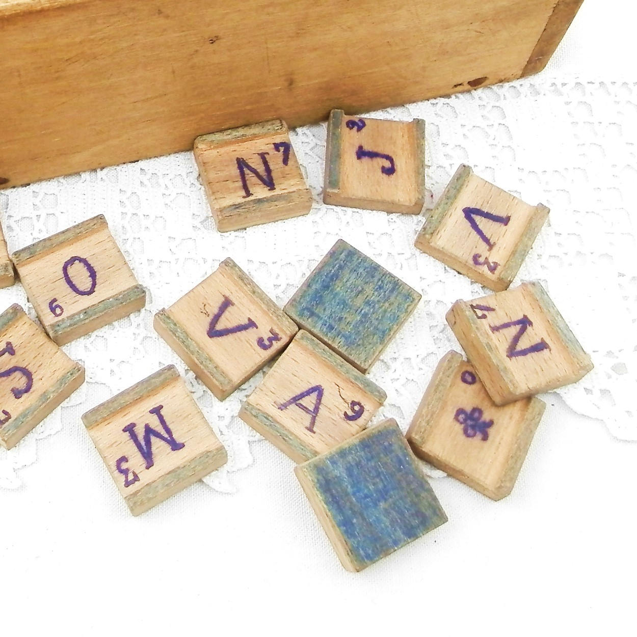 Vintage Homemade Tile Word Game Diamino with Wooden Box A Cross Between