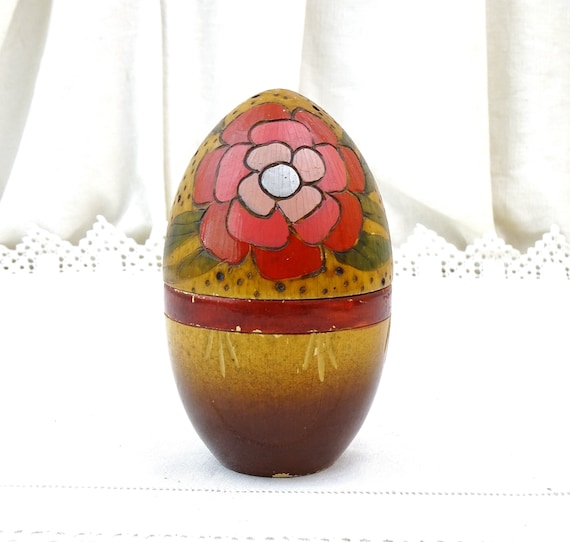 Vintage French Egg Shaped Wooden Box Decorated Colored Pyrography Pattern with Red and Blue Flowers, Retro Novelty Shaped Box From France