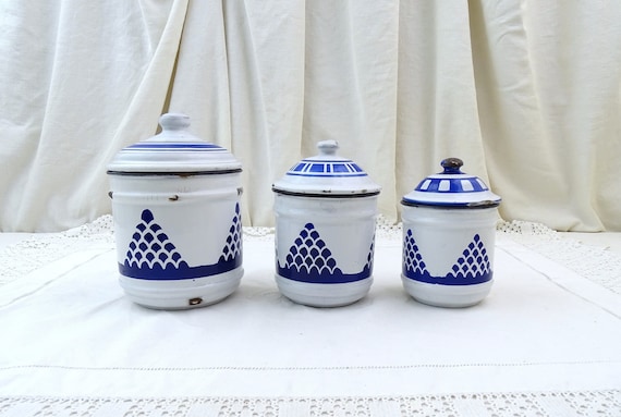 Antique French Chippy Blue and White Enamelware 3 Piece Canister Set, Retro Enamel Kitchen Decor France, Old Style Metal Storage Containers