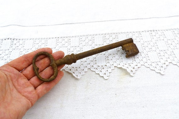 Very Large Antique French Iron Key with Rusty Patina, Big Vintage Victorian Castle Style Metal Lock from France, Chateau Home Decor
