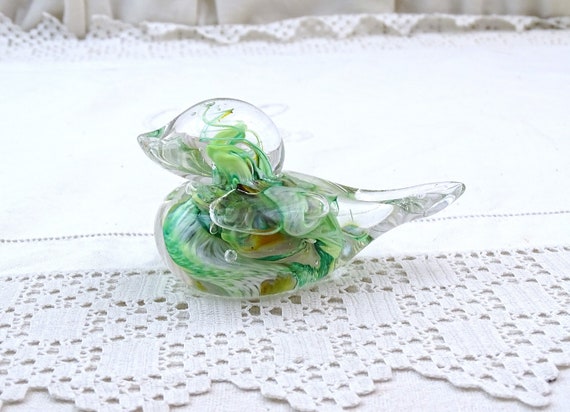 Vintage Handmade Glass Paper Weight in Clear with Green Swirls, Retro Studio Blown Encased Glassware Figurine Ornament, Murano Style Decor