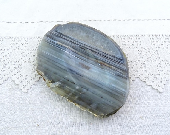 Vintage Stone Ashtray / Vide Poche made from Thin Slice of Smoky Gray Blue Agate, Mineral Home Decor Item, Cabinet of Curiosity Interior