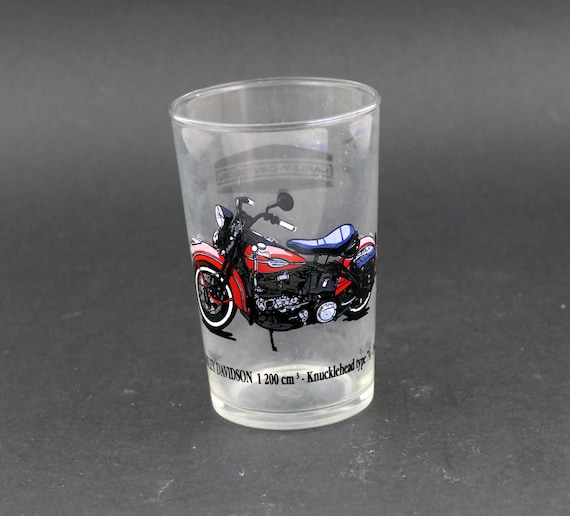Vintage French Clear Glass Drinking Tumbler with Motorcycle Harley Davidson 1200 Printed Image, Collectible Beaker 1970 Motorbike Picture