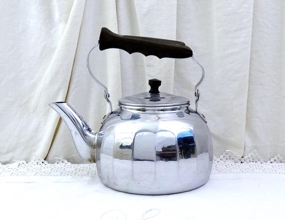 Large Vintage Art Deco Chrome Copper Kettle, Retro 1930s / 1940s Metal Kitchenware from France, Old Style Country Kitchen Decor