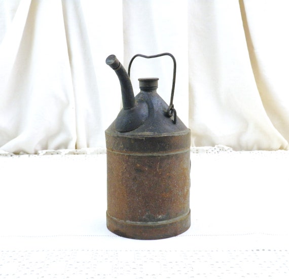 Small Antique French Tin Metal Motorcycle Gas Can with Carrying Handle, Retro Car Petrol Container, Old Style Curio Metal Bottle from France