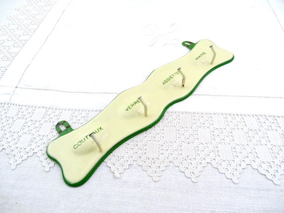 Vintage French Early 1900 Beige and Green Enamel Wall Hanging Towel Rack for Knives Glasses Plates and Hands, Retro Enamelware Kitchen Decor