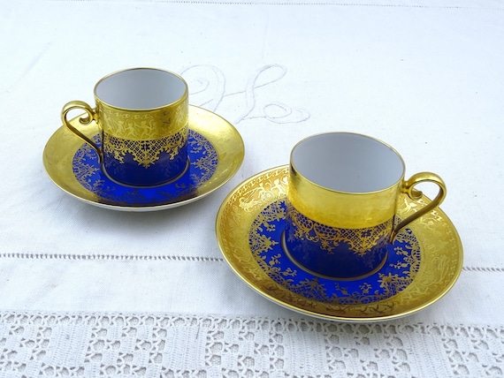 Set of 2 Vintage Fine Porcelain Espresso Cups and Saucers by DW Porzellan in Blue With Gold , Retro 1950s Pair of Coffee Cafe Drinking