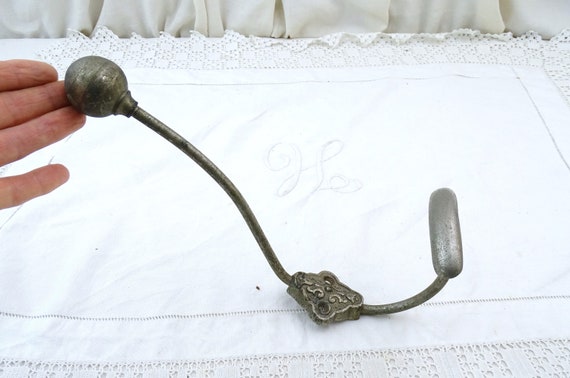 Large Antique French Wall Coat Hook with Decorative Mount Worn Patina, Vintage Clothing Storage Accessory from France, Bathroom  Rack