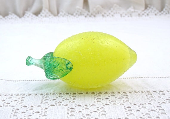 Vintage Handmade Life Size Glass Lemon Yellow Encased in Clear, Retro Artisan Glassware Fruit Bowl Accessory France, Curio Food Ornament