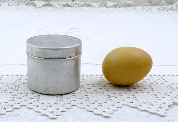 Small Vintage French Round Metal Box, Retro Gray Container, Little Old Style Industrial Tin from France, Brocante Farmhouse Storage Item