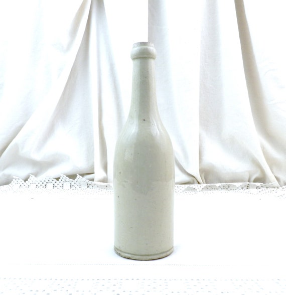 Antique French Rustic Pale Beige Salt Glaze Stoneware Ceramic Bottle, Old Primitive Saltware Pottery Vase from Normandy France, Farm Decor