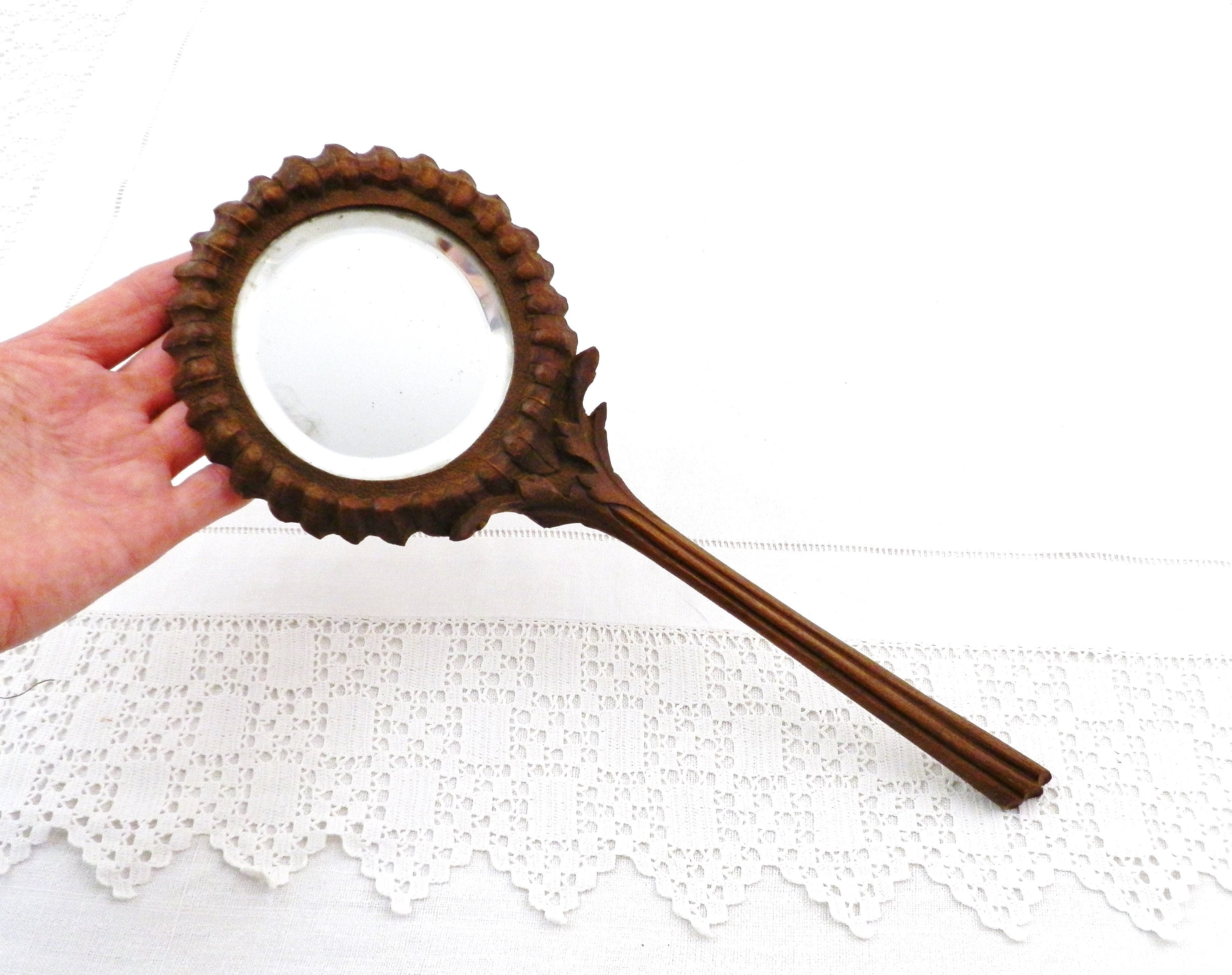 Antique Distressed Black Forest Carved Wooden Long Handled Vanity