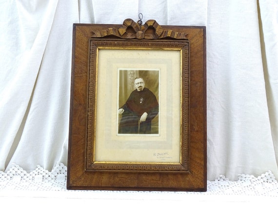 Antique French Carved Wooden Photograph Frame with Black and White Photograph of Priest, Vintage Wood Picture Frame with Ribbon Decoration