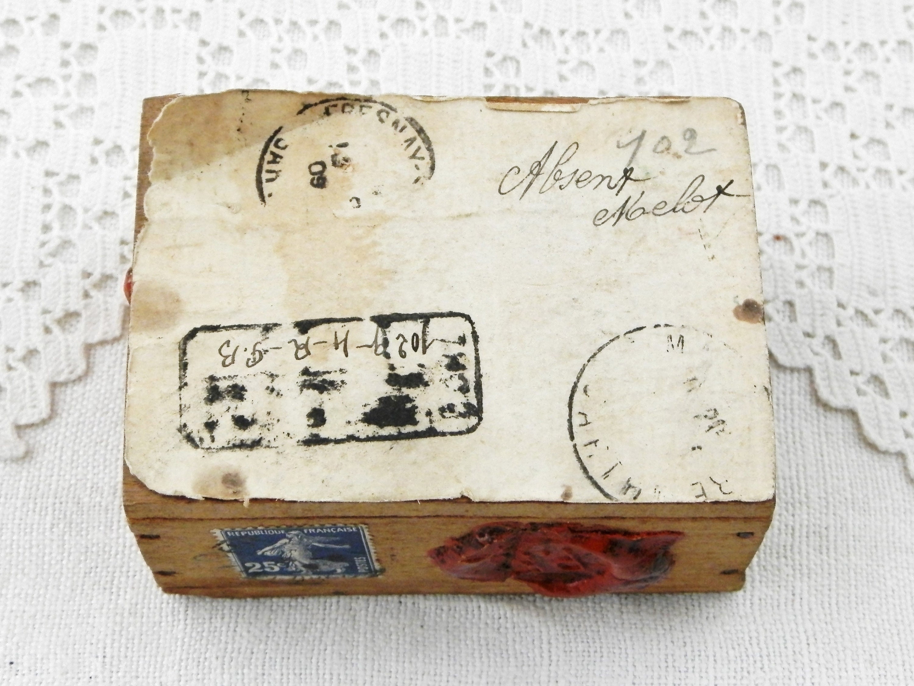 Antique French Wooden Postal Box with Hinged Lid with Wax Seals and Stamps, Retro Postage