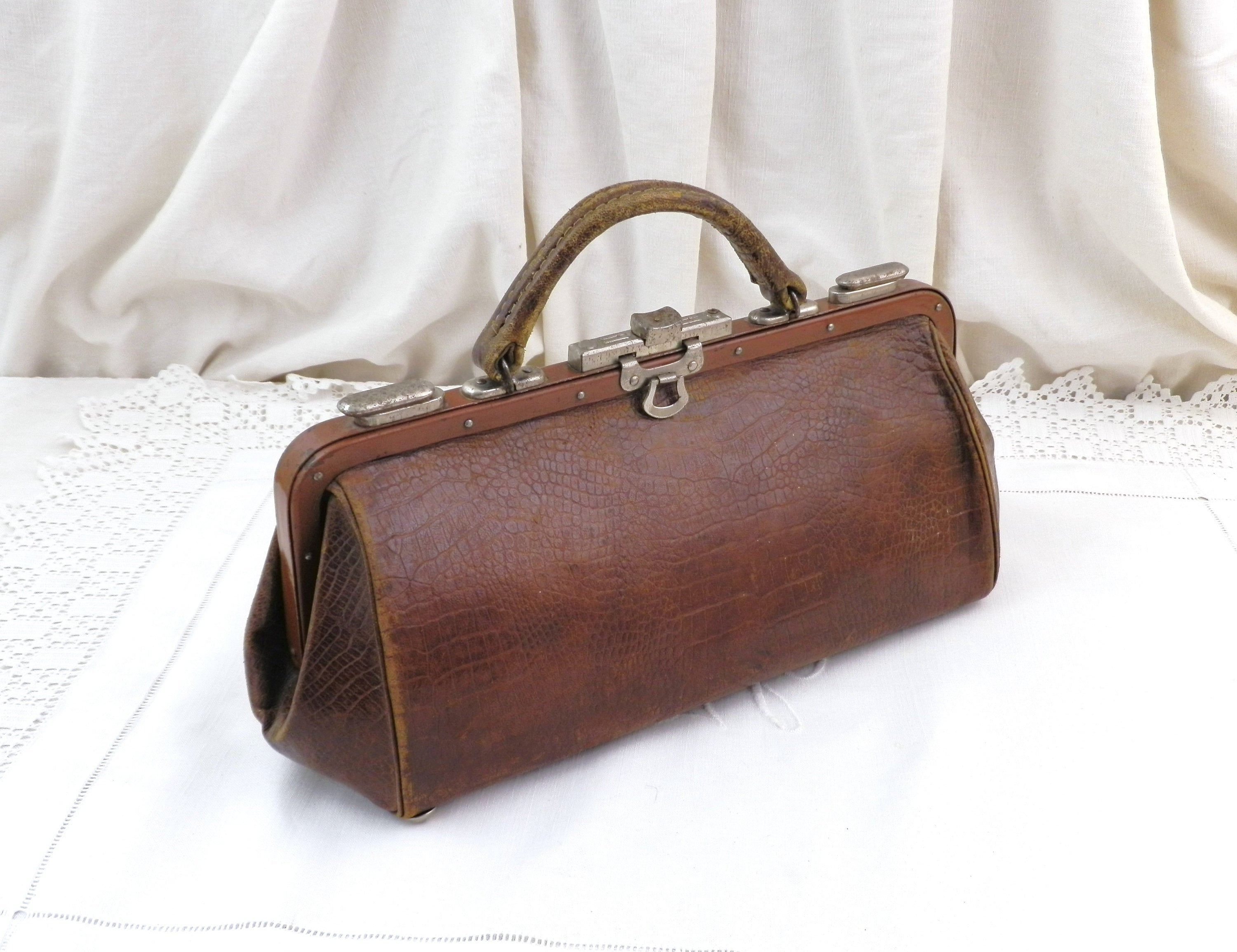 Antique French Brown Leather Gladstone Bag, Doctor / Midwife Bag