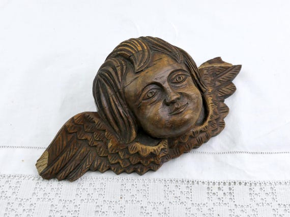 Antique French Distressed  Wall Mounted Carved Oak Wood Putti Cherub, Retro Wall Hanging Angel France, Old Church Style Cherubim of Wood