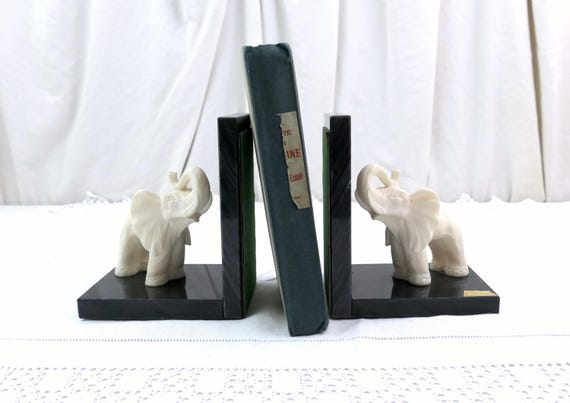 Vintage Black Marble and White Alabaster Elephant Bookends, Art Deco Revival White Elephants Figurine Book Ends, Safari Home Decor