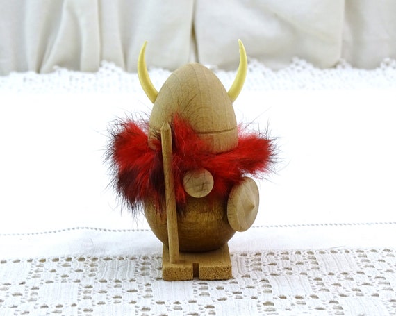 Vintage Mid Century Modern Danish Style Wooden Viking Figurine with Red Fur Hair, Retro 1960s MCM Scandinavian Warrior made of Wood Denmark