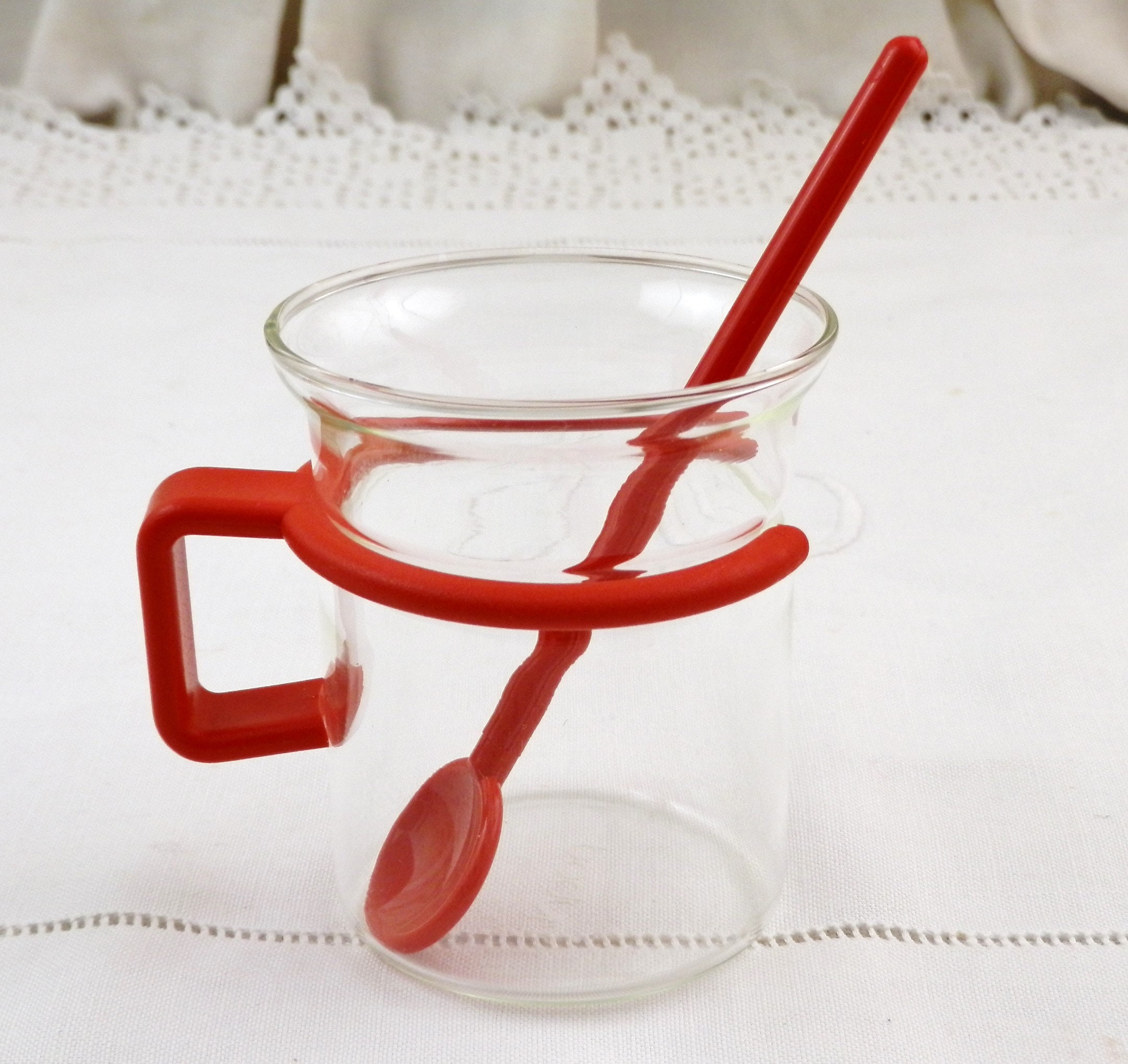 VINTAGE 2 BODUM Red Plastic Handle Glass Mugs Cups for Coffee Tea