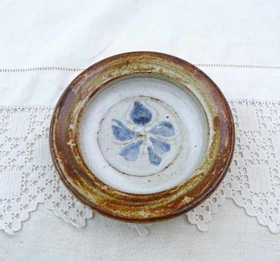 Small Vintage Mid Century Studio Pottery Hand Painted Earthenware Trinket Dish with Blue Flower Pattern, Retro 1960s Artisan Bowl  France